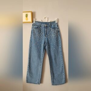 Jeans with rhinestones Unbrande Womens  size Small Good Condition  Blue  Zipper